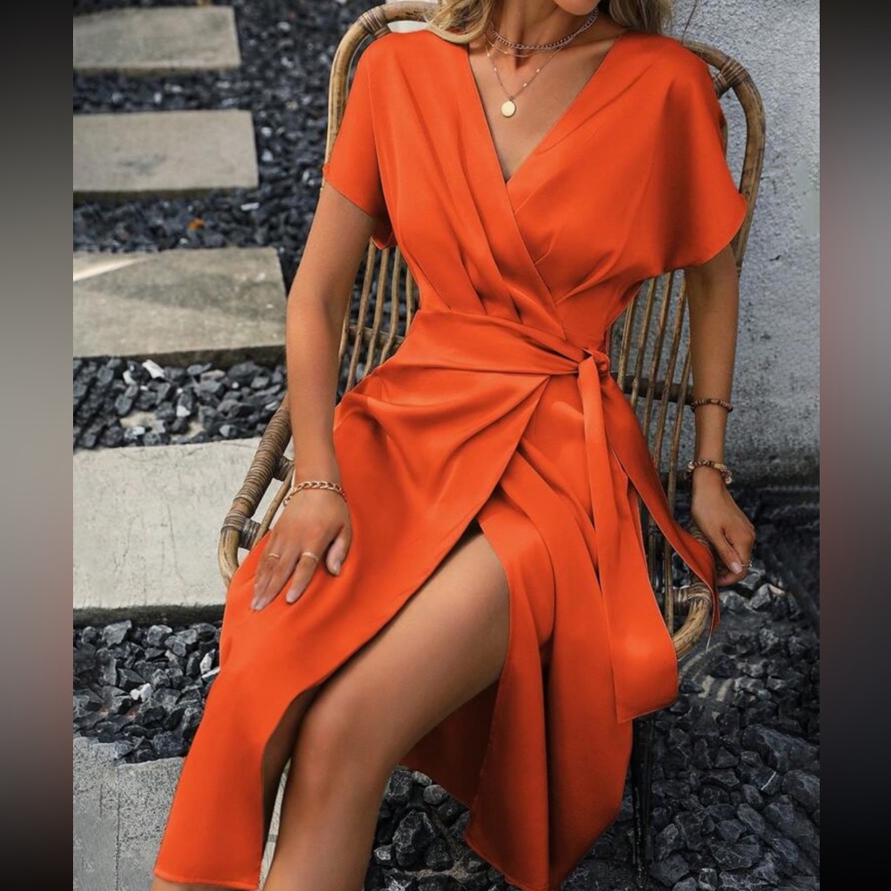 Boho Neon orange Kimono Sleeve Midi Dress - Picture 4 of 5